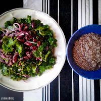 Kale & kidney bean salad with red onions in a lemon & honey red wine vinaigrette; Oat & adzuki bean porridge